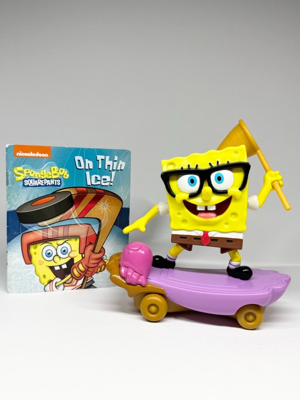 Sponge Bob Catfishing Figure Moveable Net Skateboard + On Thin Ice Hockey Book